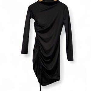 🟠 Fashion Nova Black Long Sleeve Asymmetrical Ruched Dress Size Small